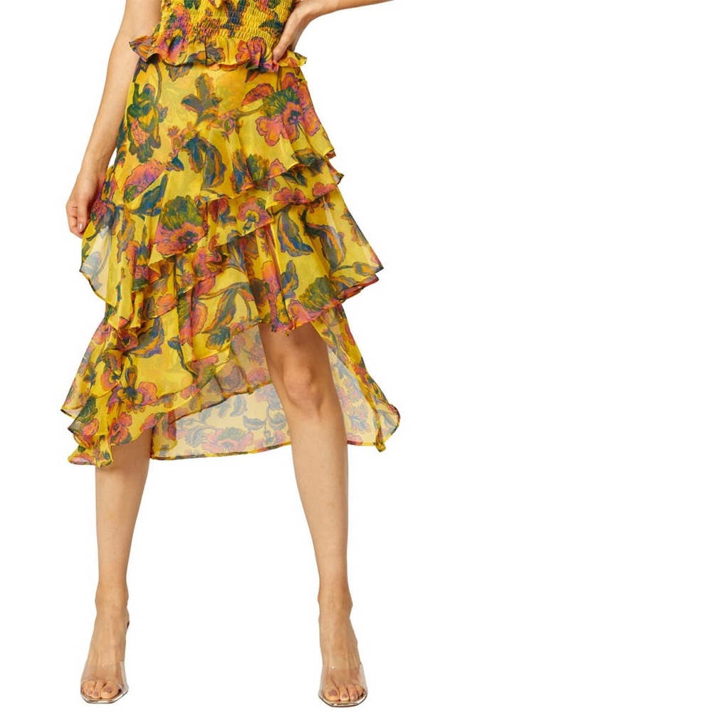MISA Los Angeles Carmen Floral Asymmetric Ruffle Skirt